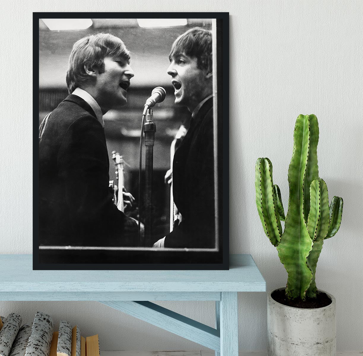 John Lennon and Paul McCartney in a recording studio Framed Print - Canvas Art Rocks - 2