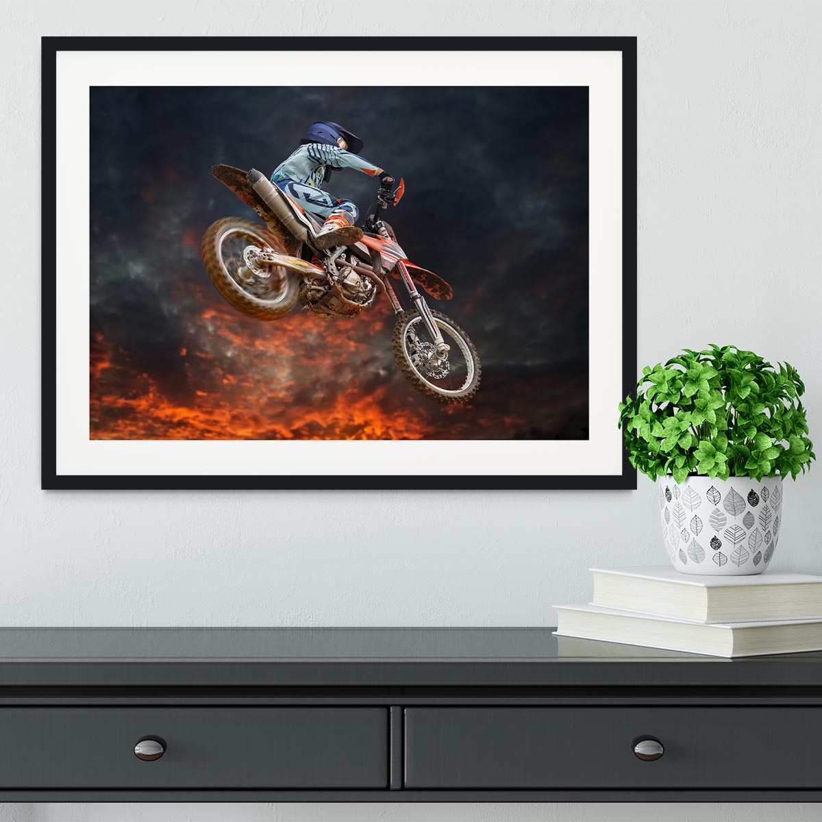 Jumping motocross rider Framed Print - Canvas Art Rocks - 1