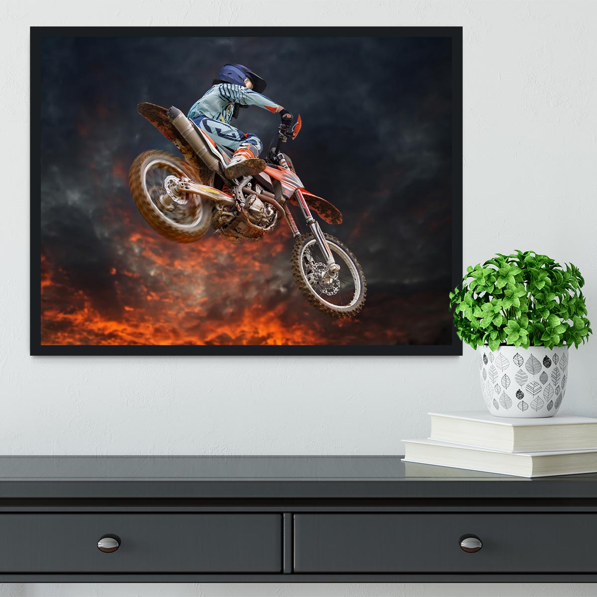 Jumping motocross rider Framed Print - Canvas Art Rocks - 2