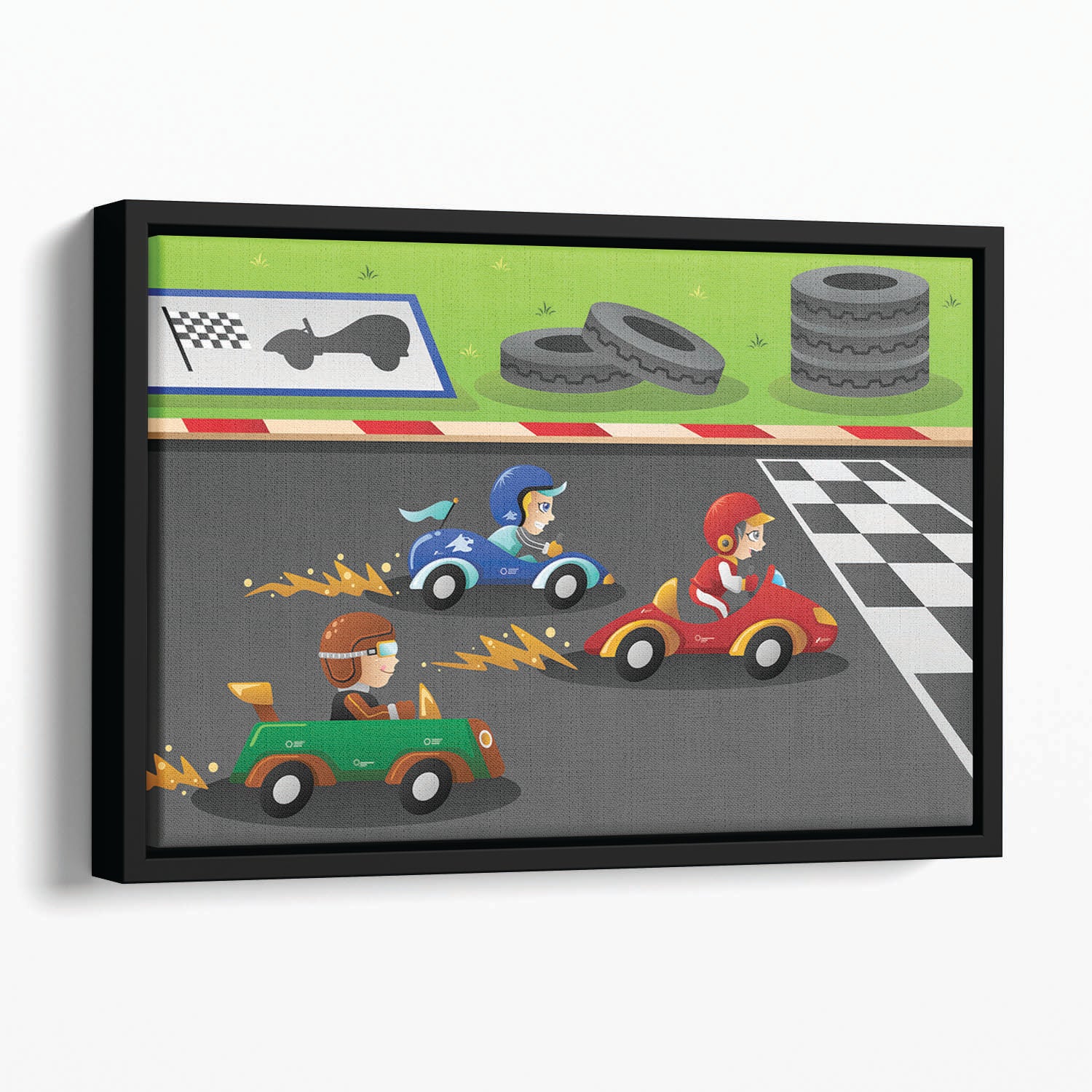 Kids in a car racing Floating Framed Canvas