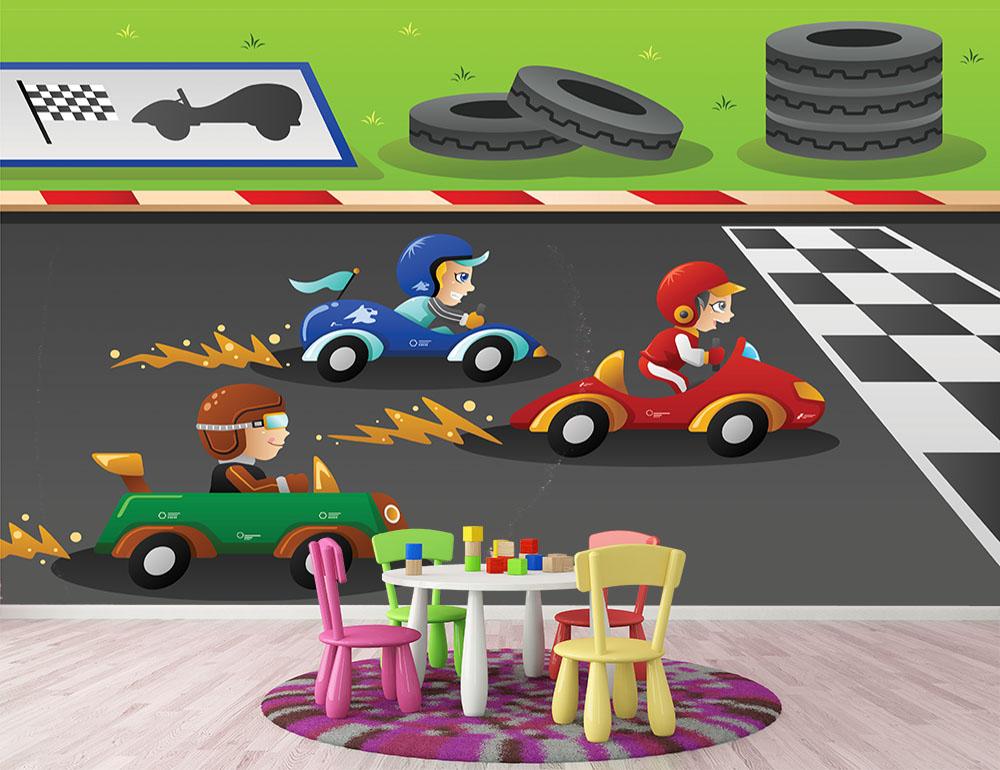 Kids in a car racing Wall Mural Wallpaper - Canvas Art Rocks - 2