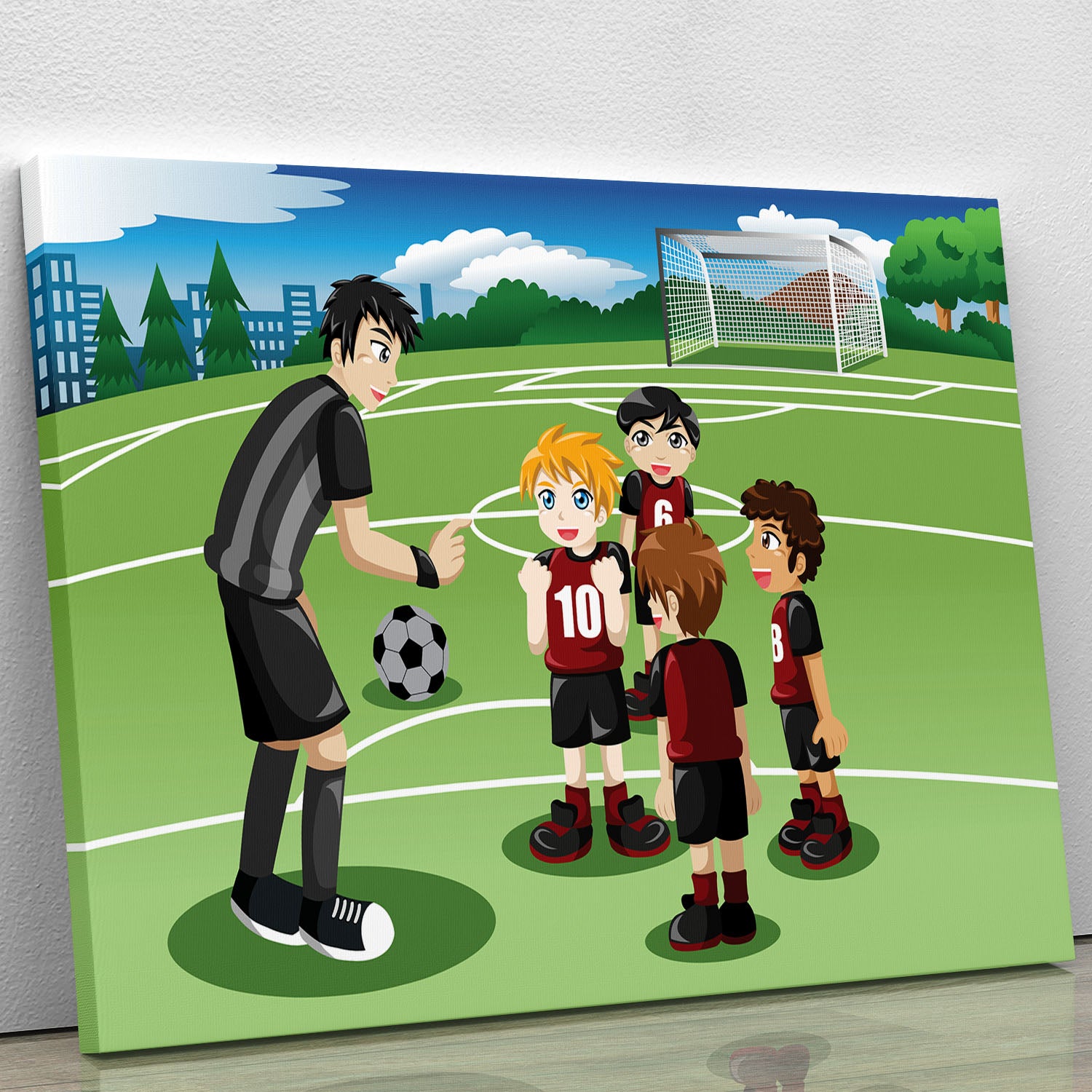 Kids in soccer field listening to their coach Canvas Print or Poster - Canvas Art Rocks - 1