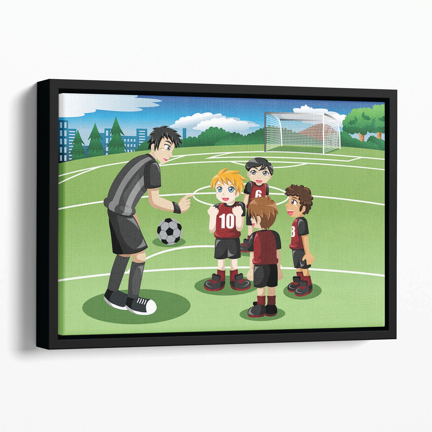 Kids in soccer field listening to their coach Floating Framed Canvas