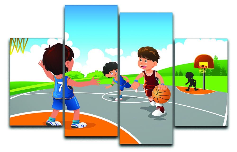 Kids playing basketball in a playground 4 Split Panel Canvas  - Canvas Art Rocks - 1