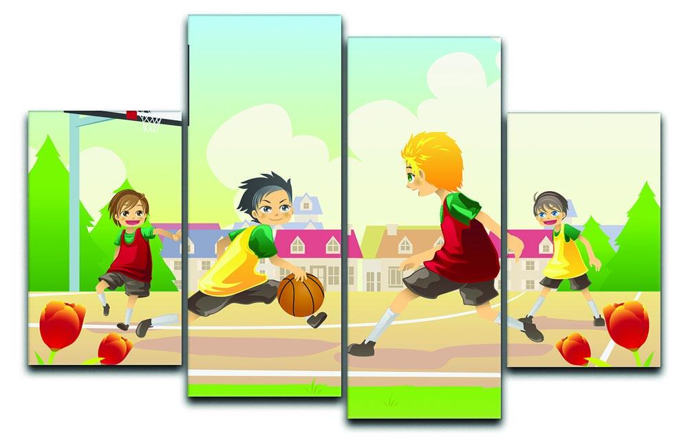Kids playing basketball in the suburban area 4 Split Panel Canvas  - Canvas Art Rocks - 1