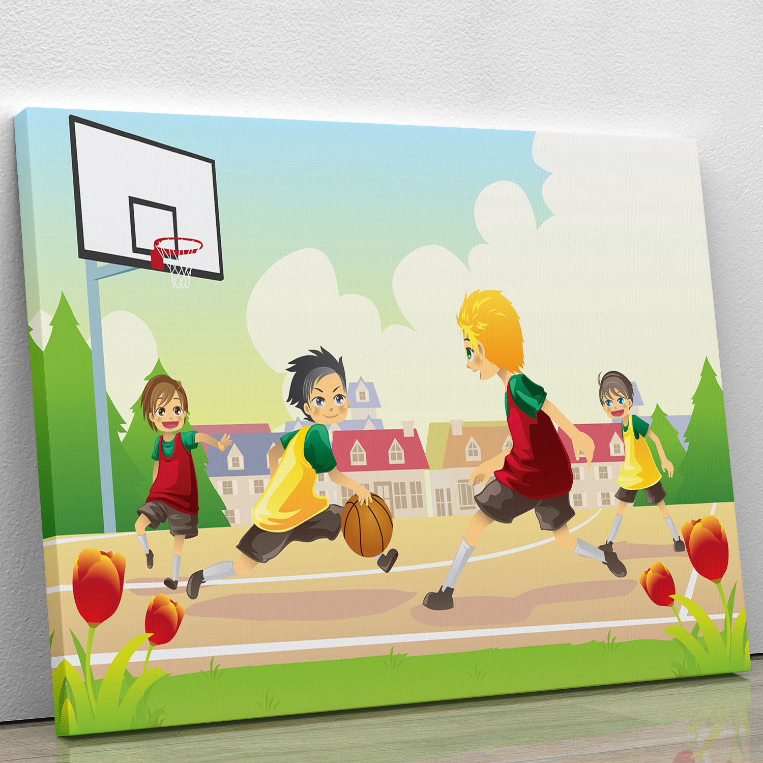 Kids playing basketball in the suburban area Canvas Print or Poster - Canvas Art Rocks - 1