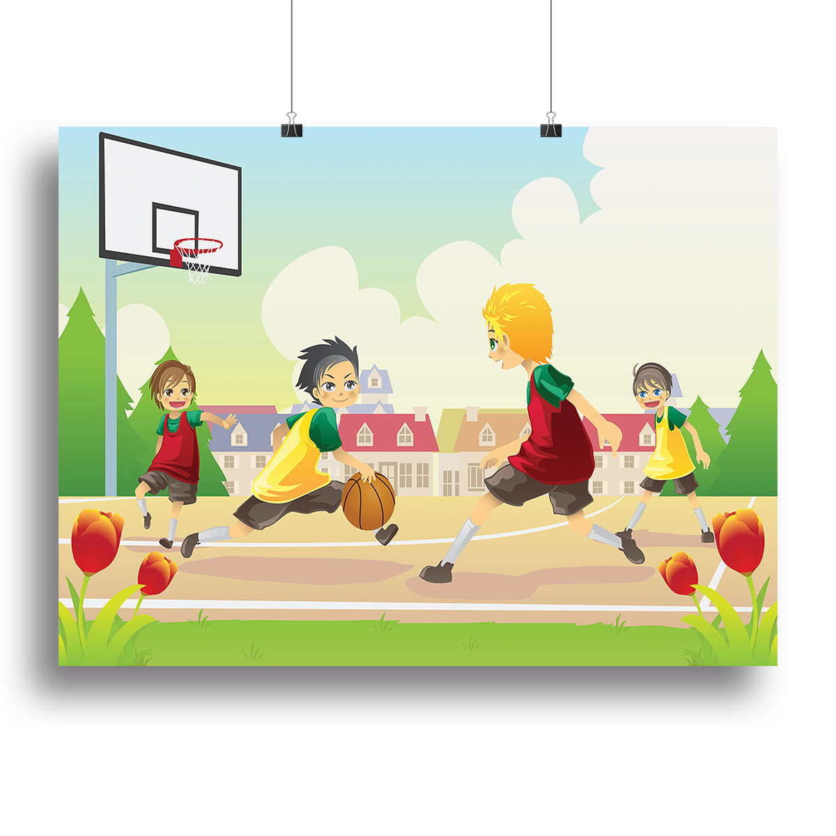 Kids playing basketball in the suburban area Canvas Print or Poster - Canvas Art Rocks - 2