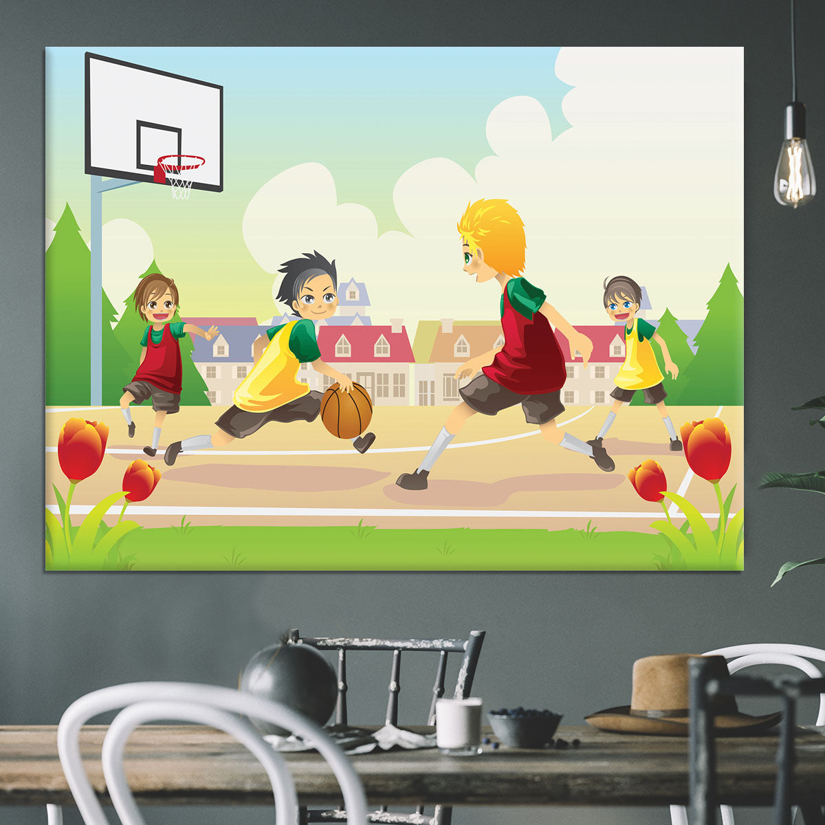 Kids playing basketball in the suburban area Canvas Print or Poster - Canvas Art Rocks - 3