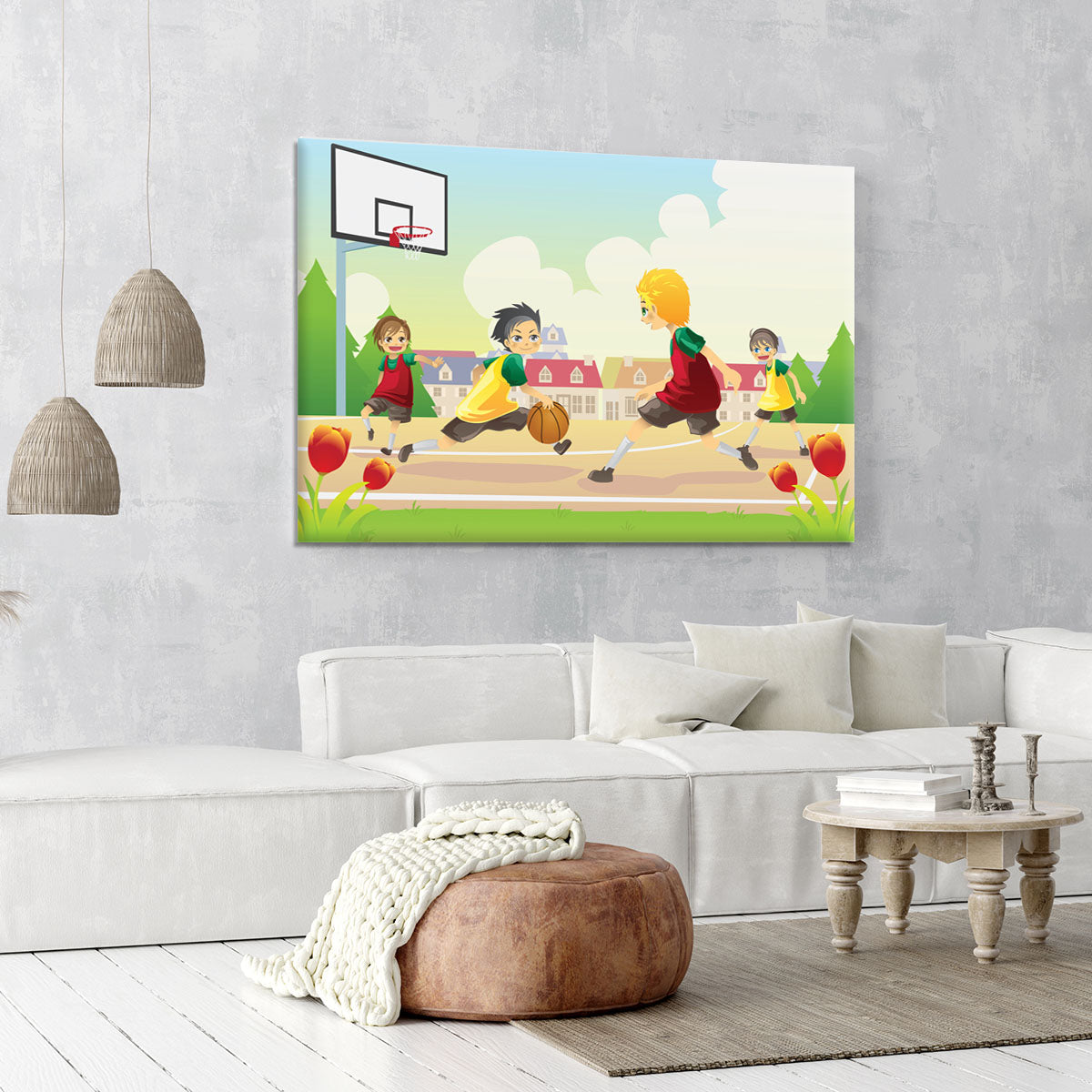 Kids playing basketball in the suburban area Canvas Print or Poster - Canvas Art Rocks - 6