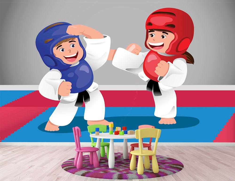 Kids practicing taekwondo in a dojo Wall Mural Wallpaper - Canvas Art Rocks - 2
