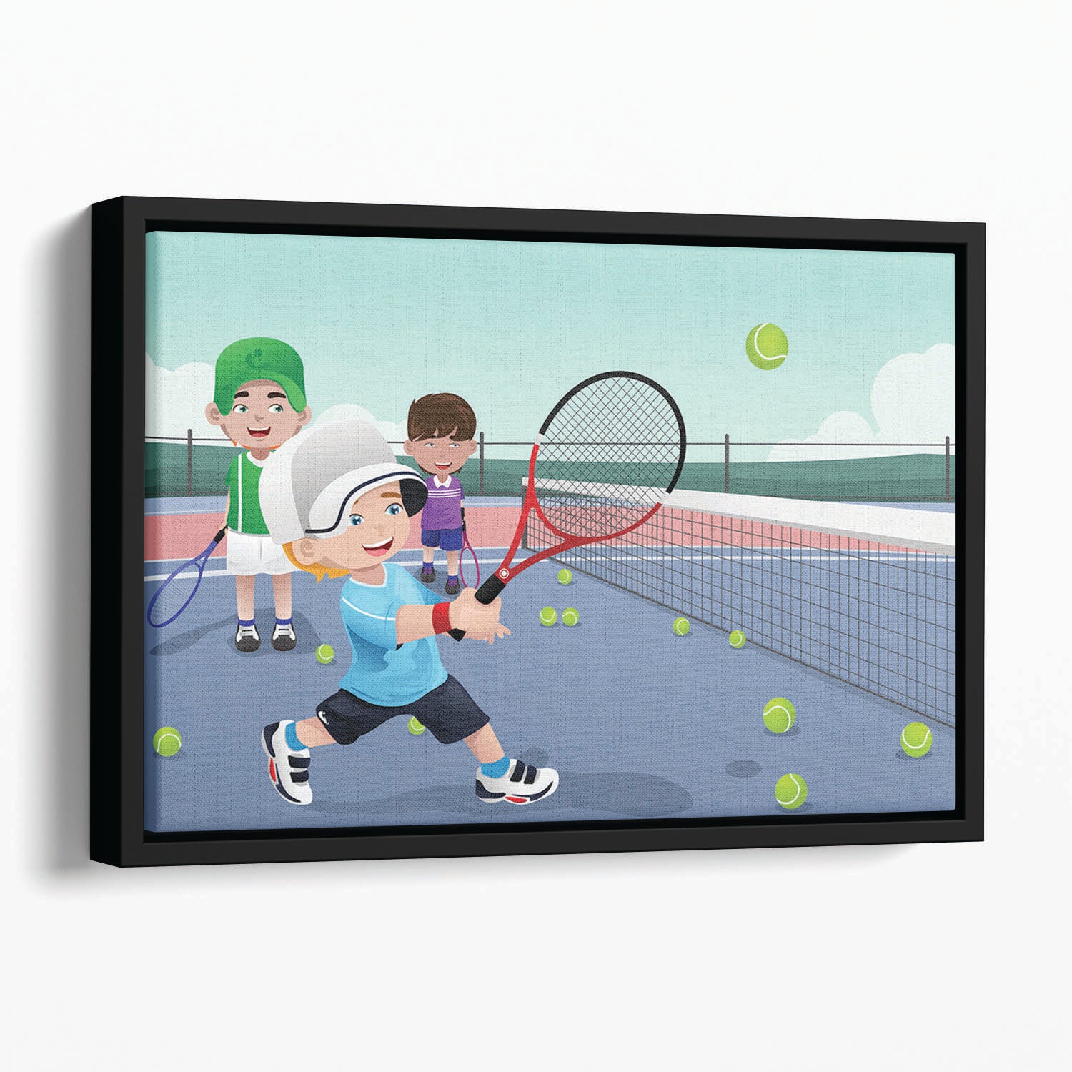 Kids practicing tennis Floating Framed Canvas