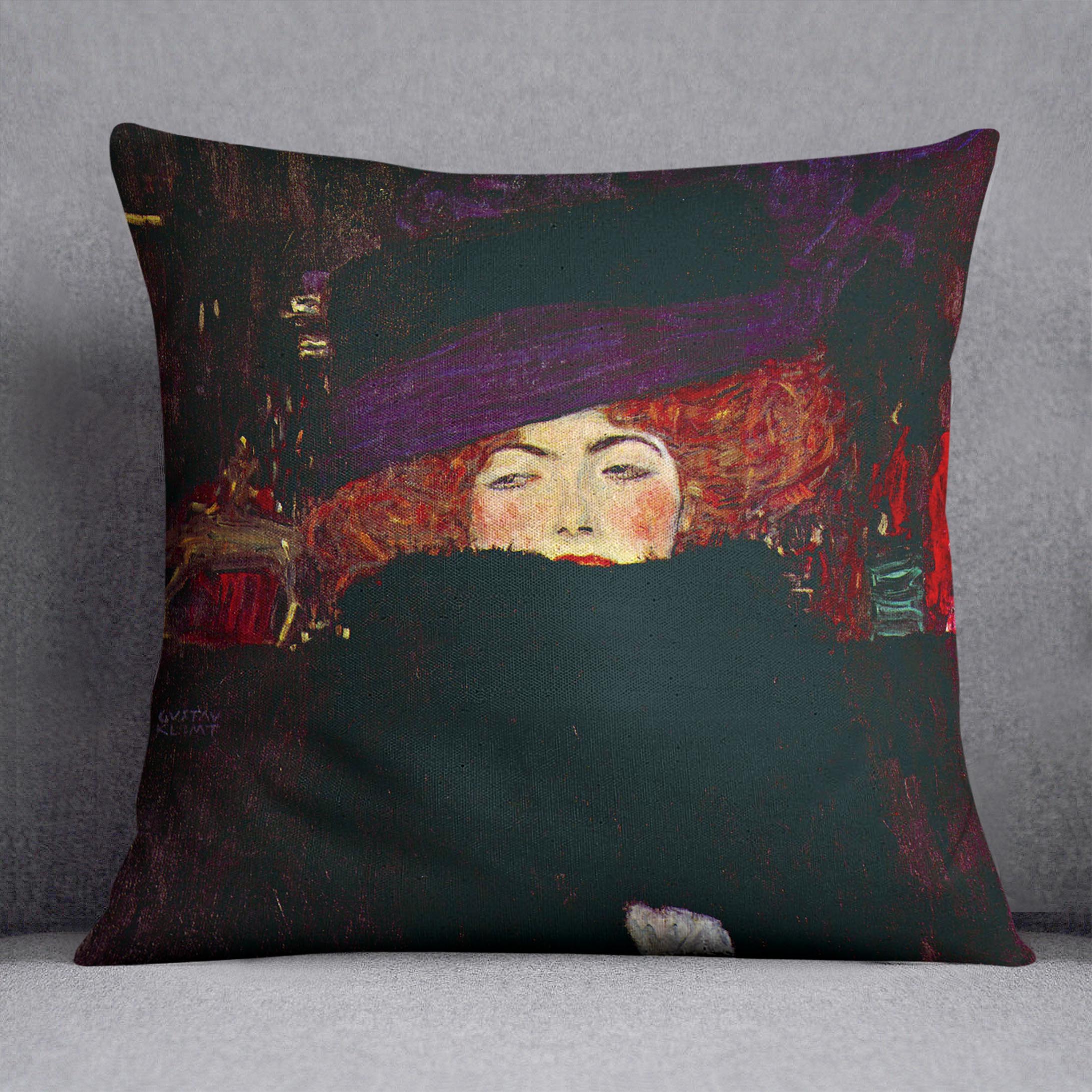 Lady with hat and feather by Klimt Cushion