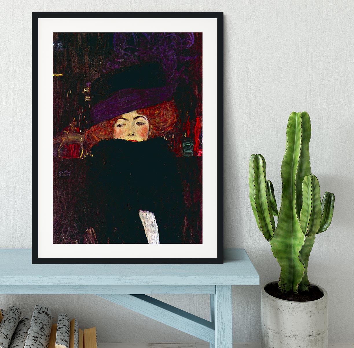 Lady with hat and feather by Klimt Framed Print - Canvas Art Rocks - 1