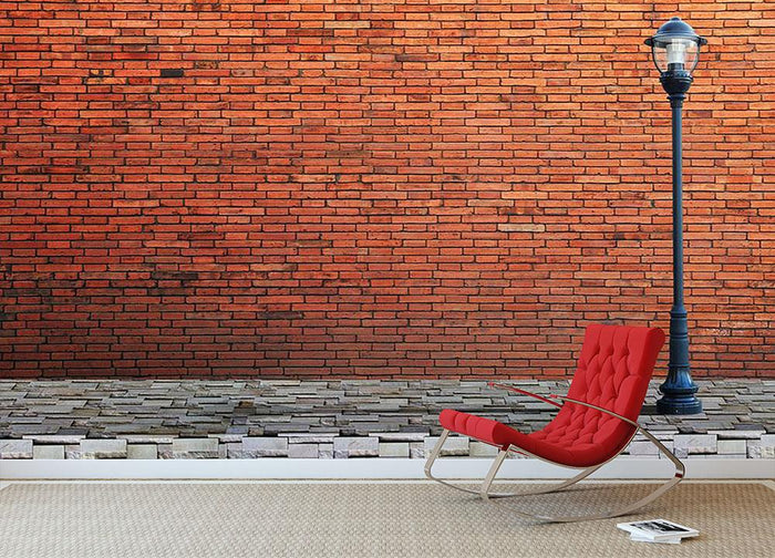 Lamp post street on brick Wall Mural Wallpaper