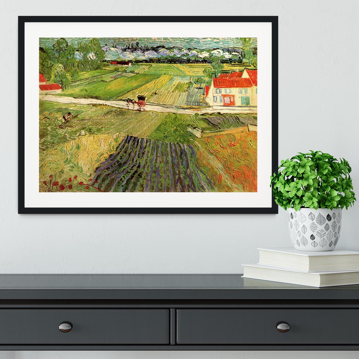 Landscape with Carriage and Train in the Background by Van Gogh Framed Print - Canvas Art Rocks - 1