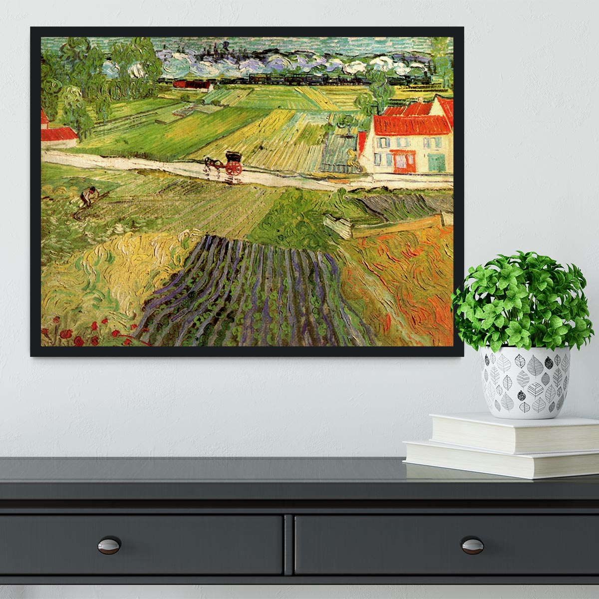 Landscape with Carriage and Train in the Background by Van Gogh Framed Print - Canvas Art Rocks - 2