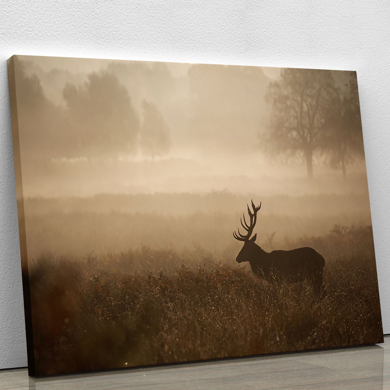 Large red deer stag in autumn mist Canvas Print or Poster - Canvas Art Rocks - 1