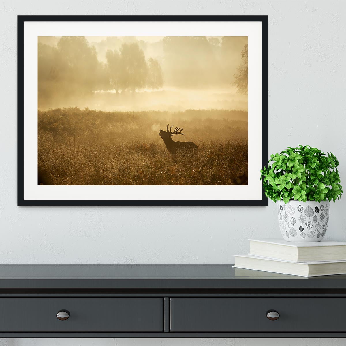 Large red deer stag silhouette in autumn Framed Print - Canvas Art Rocks - 1