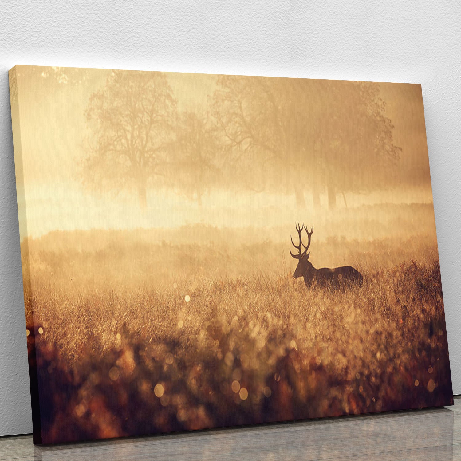 Large red deer stag silhouette in autumn mist Canvas Print or Poster - Canvas Art Rocks - 1