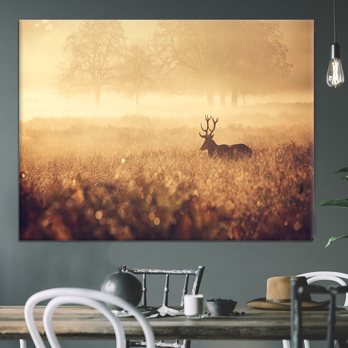 Large red deer stag silhouette in autumn mist Canvas Print or Poster - Canvas Art Rocks - 3