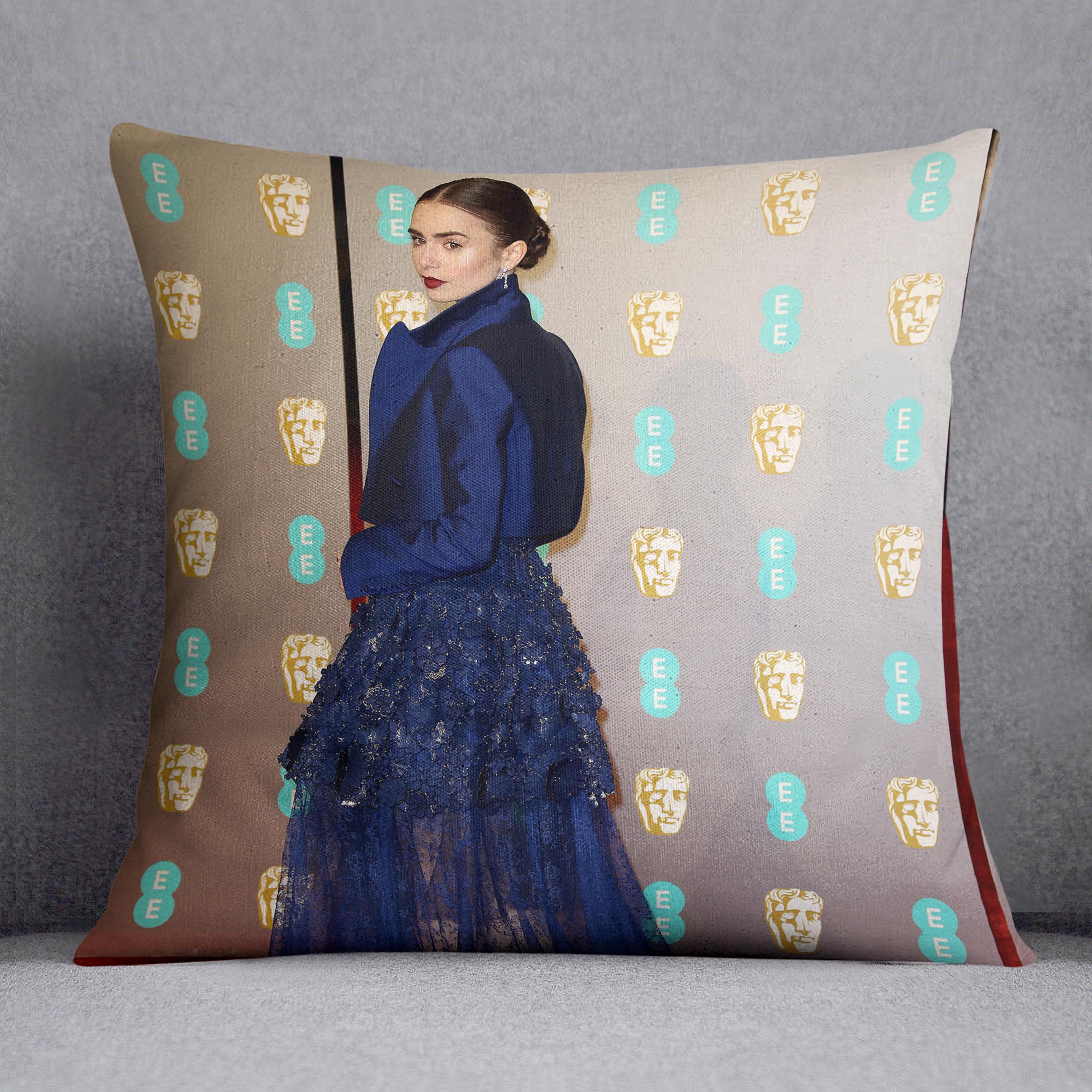 Lily Collins in blue Cushion