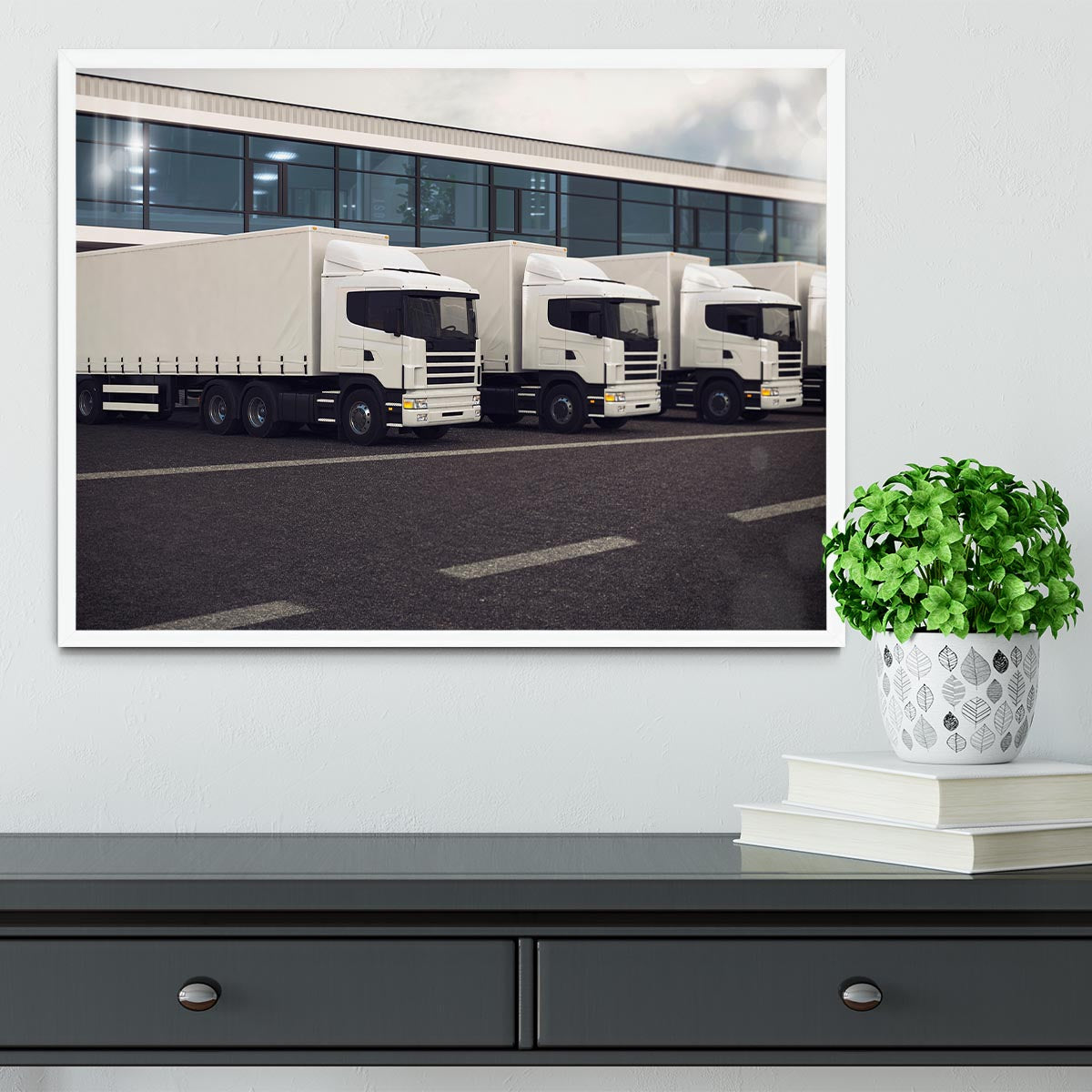 Line of white lorries Framed Print - Canvas Art Rocks -6