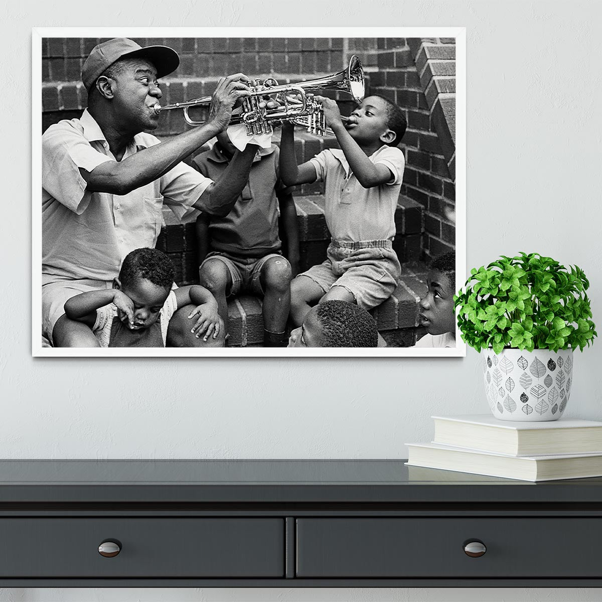 Louis Armstrong with kids Framed Print - Canvas Art Rocks -6