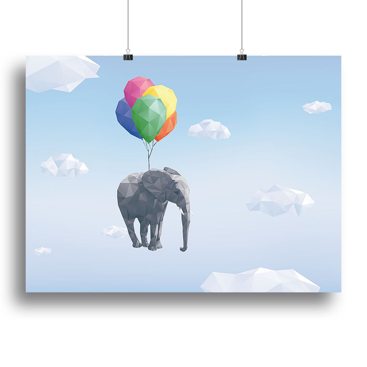 Low Poly Elephant attached to balloons flying through cloudy sky Canvas Print or Poster - Canvas Art Rocks - 2