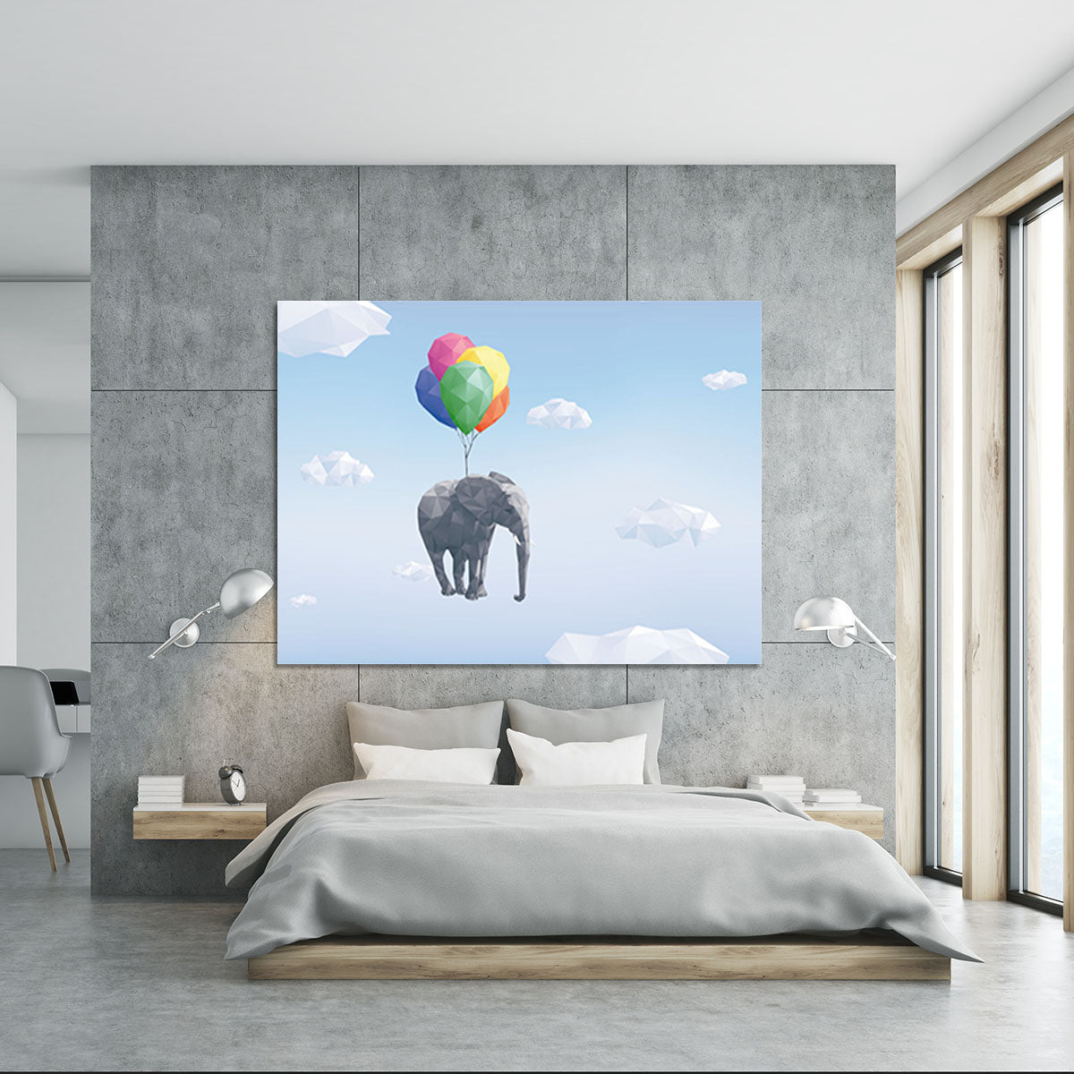 Low Poly Elephant attached to balloons flying through cloudy sky Canvas Print or Poster - Canvas Art Rocks - 5