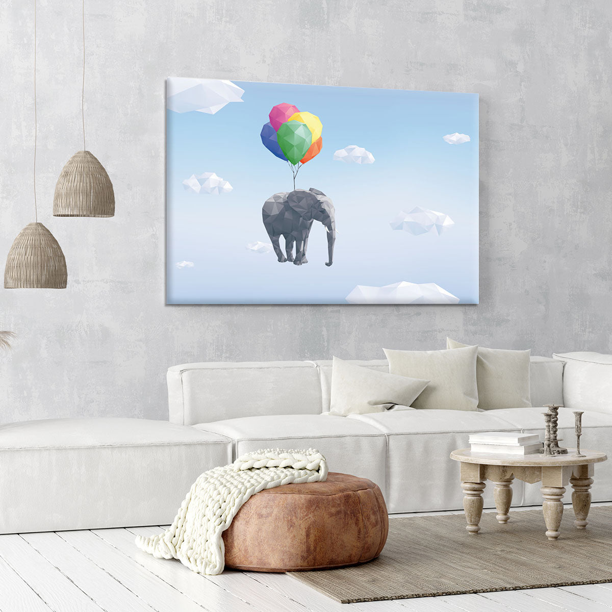 Low Poly Elephant attached to balloons flying through cloudy sky Canvas Print or Poster - Canvas Art Rocks - 6