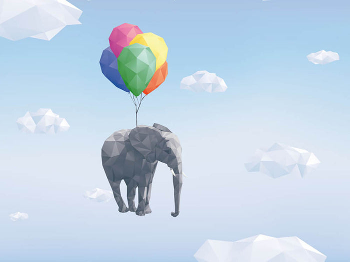 Low Poly Elephant attached to balloons flying through cloudy sky Wall Mural Wallpaper