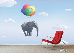 Low Poly Elephant attached to balloons flying through cloudy sky Wall Mural Wallpaper - Canvas Art Rocks - 2