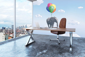 Low Poly Elephant attached to balloons flying through cloudy sky Wall Mural Wallpaper - Canvas Art Rocks - 3