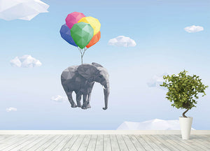 Low Poly Elephant attached to balloons flying through cloudy sky Wall Mural Wallpaper - Canvas Art Rocks - 4