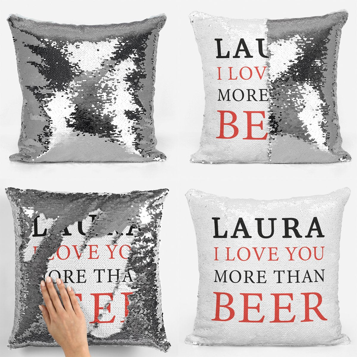I Love You More Than Beer Sequin Magic Cushion