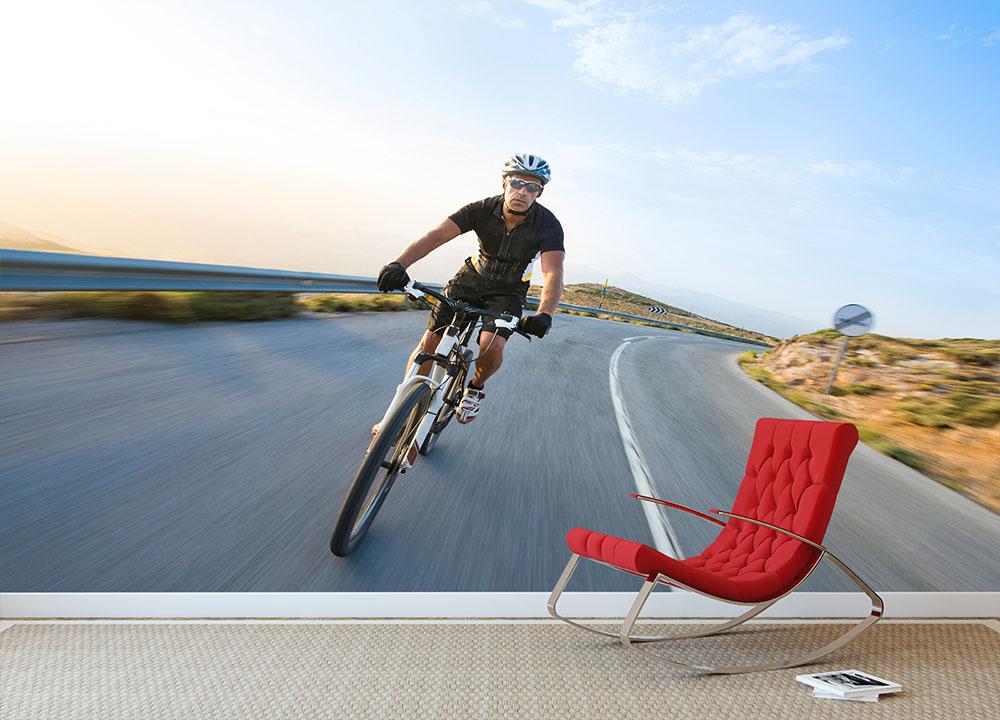 Man riding mountain bike sunny day Wall Mural Wallpaper - Canvas Art Rocks - 2