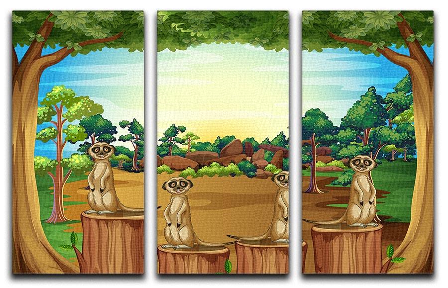 Meerkats standing on log 3 Split Panel Canvas Print - Canvas Art Rocks - 1