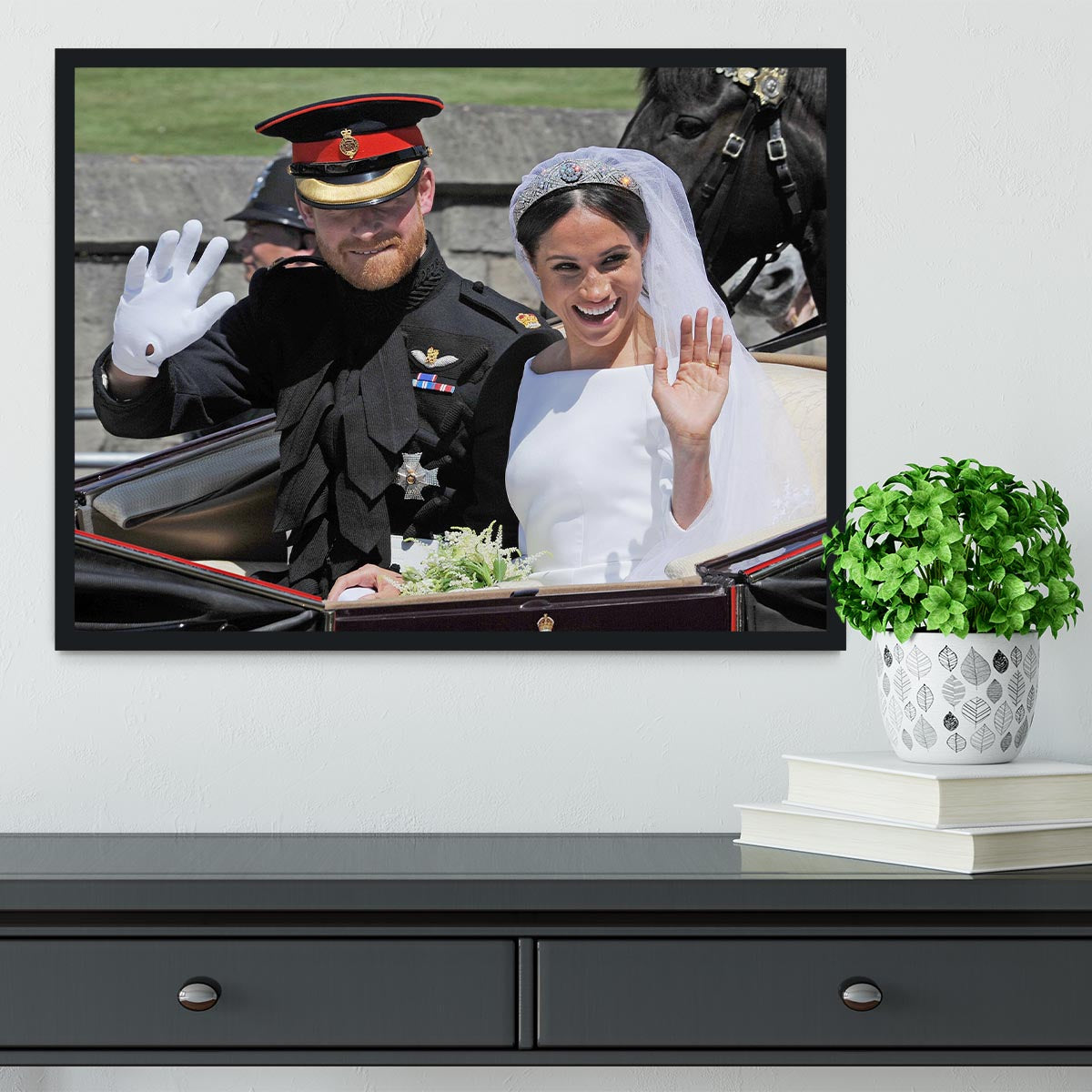 Meghan and Prince Harry wave to the crowds Framed Print - Canvas Art Rocks - 2