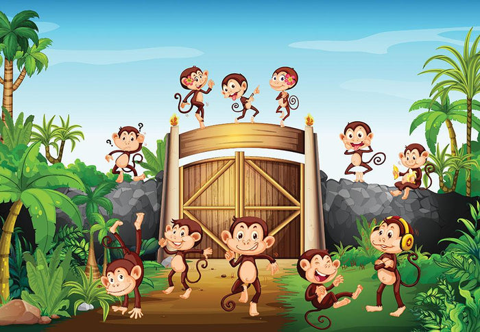 Monkeys having fun at the gate Wall Mural Wallpaper