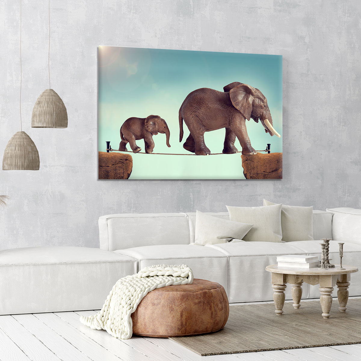 Mother and baby elephant on a tightrope Canvas Print or Poster - Canvas Art Rocks - 6