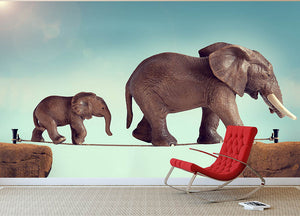 Mother and baby elephant on a tightrope Wall Mural Wallpaper - Canvas Art Rocks - 2