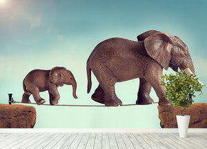 Mother and baby elephant on a tightrope Wall Mural Wallpaper - Canvas Art Rocks - 4