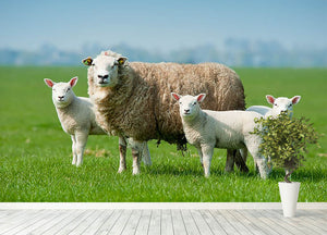 Mother sheep and her lambs in spring Wall Mural Wallpaper - Canvas Art Rocks - 4
