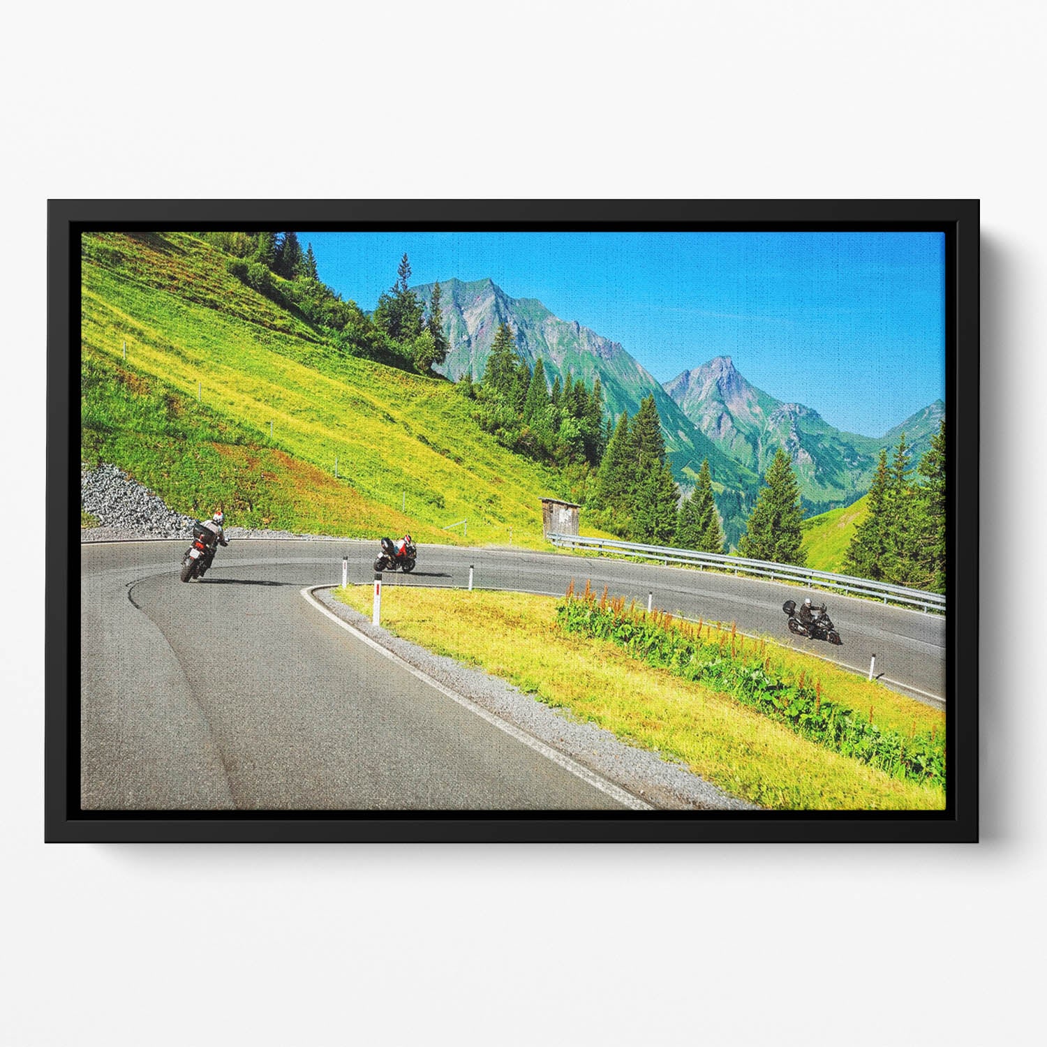 Motorbikers group in the moutains Floating Framed Canvas