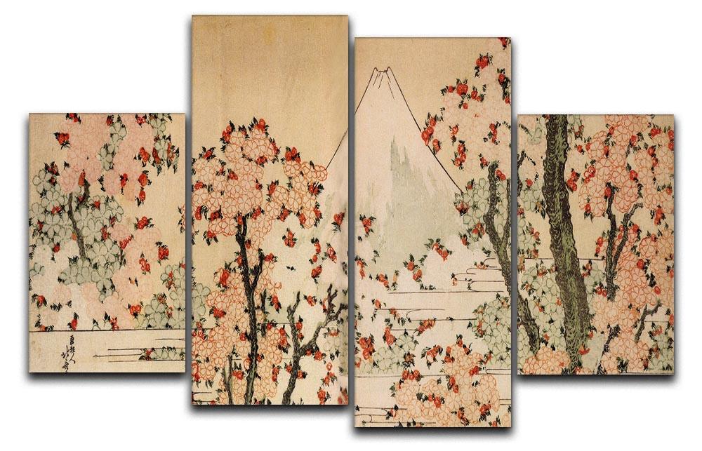 Mount Fuji behind cherry trees and flowers by Hokusai 4 Split Panel Canvas  - Canvas Art Rocks - 1