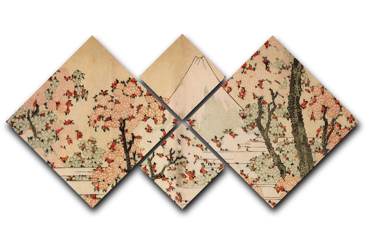 Mount Fuji behind cherry trees and flowers by Hokusai 4 Square Multi Panel Canvas  - Canvas Art Rocks - 1