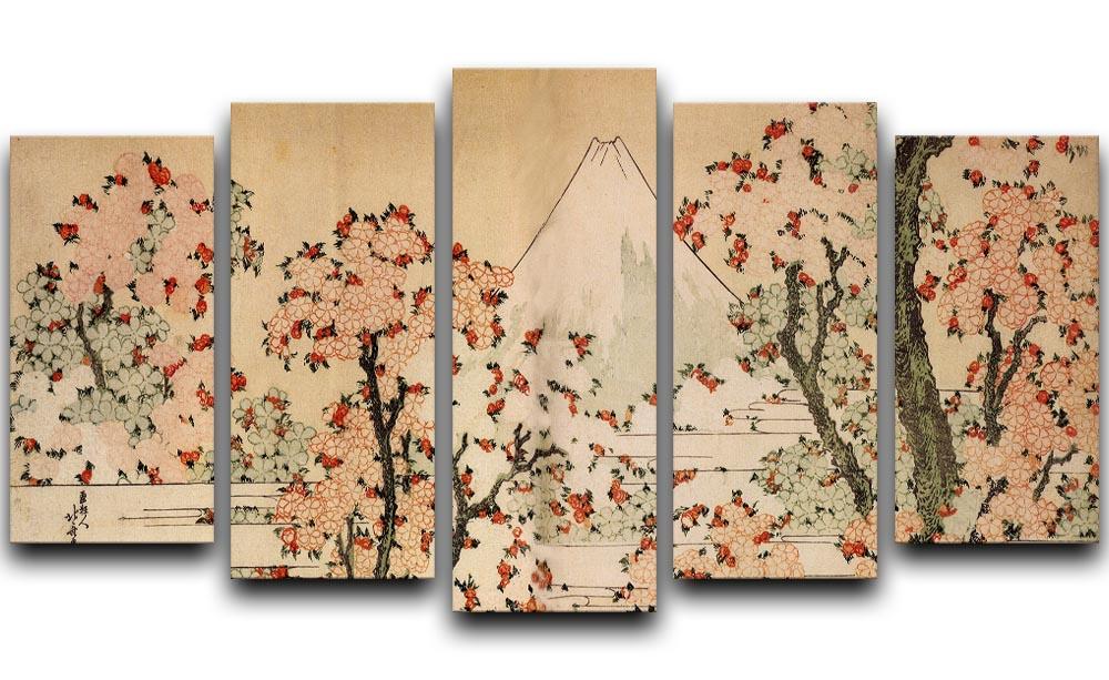 Mount Fuji behind cherry trees and flowers by Hokusai 5 Split Panel Canvas  - Canvas Art Rocks - 1