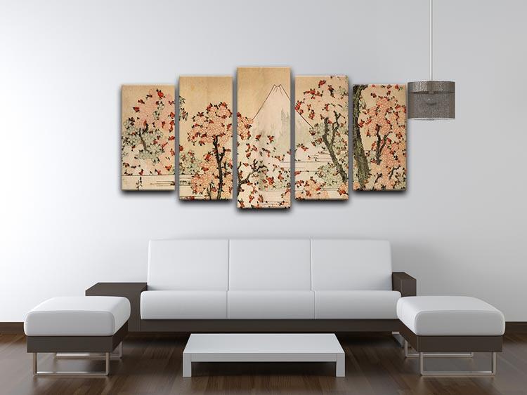 Mount Fuji behind cherry trees and flowers by Hokusai 5 Split Panel Canvas - Canvas Art Rocks - 3