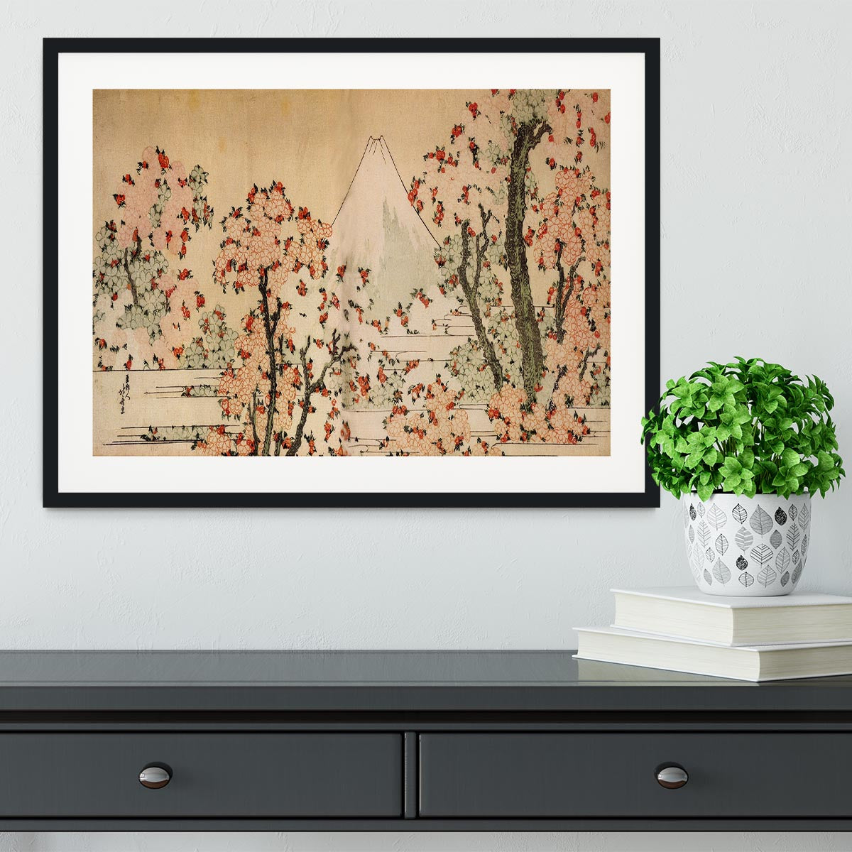 Mount Fuji behind cherry trees and flowers by Hokusai Framed Print - Canvas Art Rocks - 1