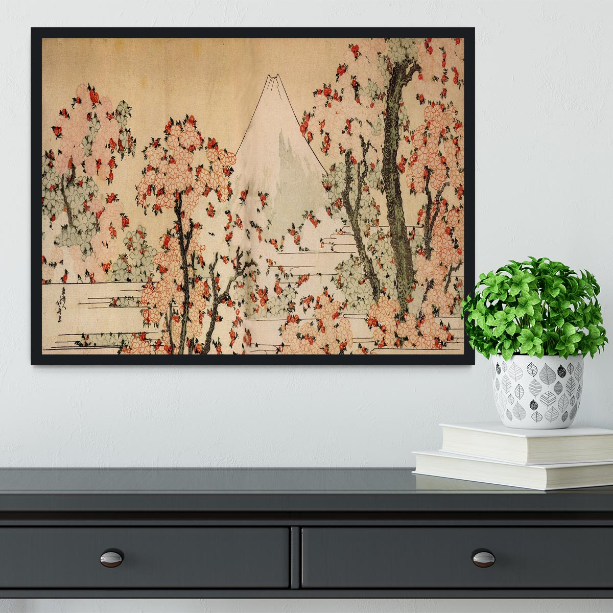 Mount Fuji behind cherry trees and flowers by Hokusai Framed Print - Canvas Art Rocks - 2